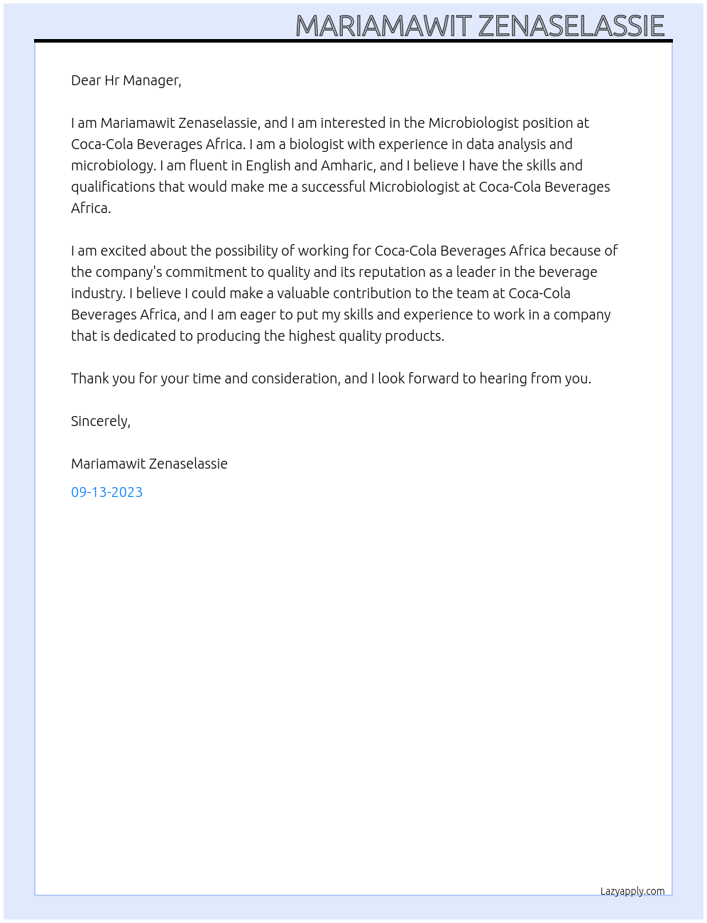 Microbiologist At Coca-Cola Beverages Africa Cover Letter