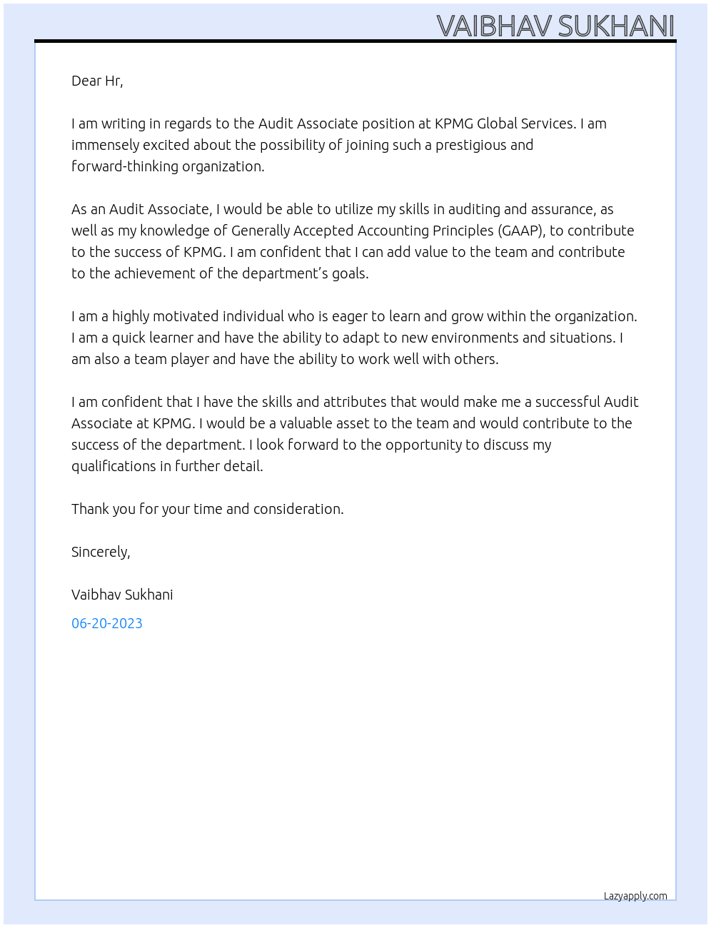Audit Associate At KPMG Global Services Cover Letter