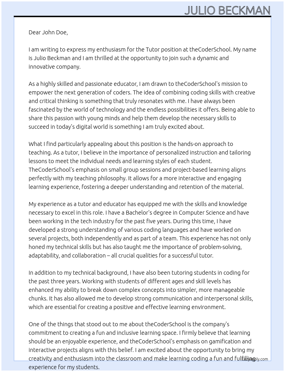 Tutor At theCoderSchool Cover Letter