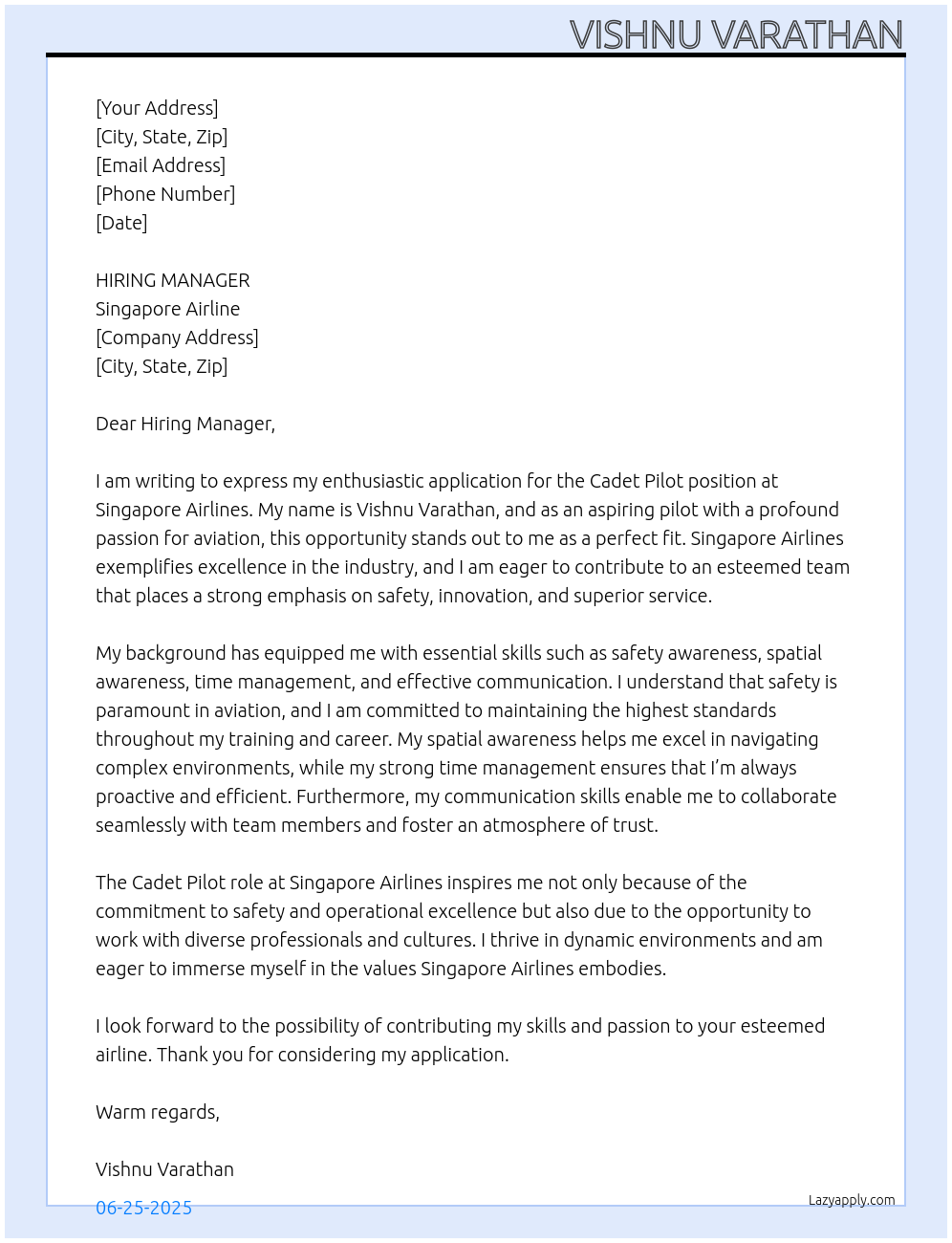 CADET PILOT At SINGAPORE AIRLINE Cover Letter