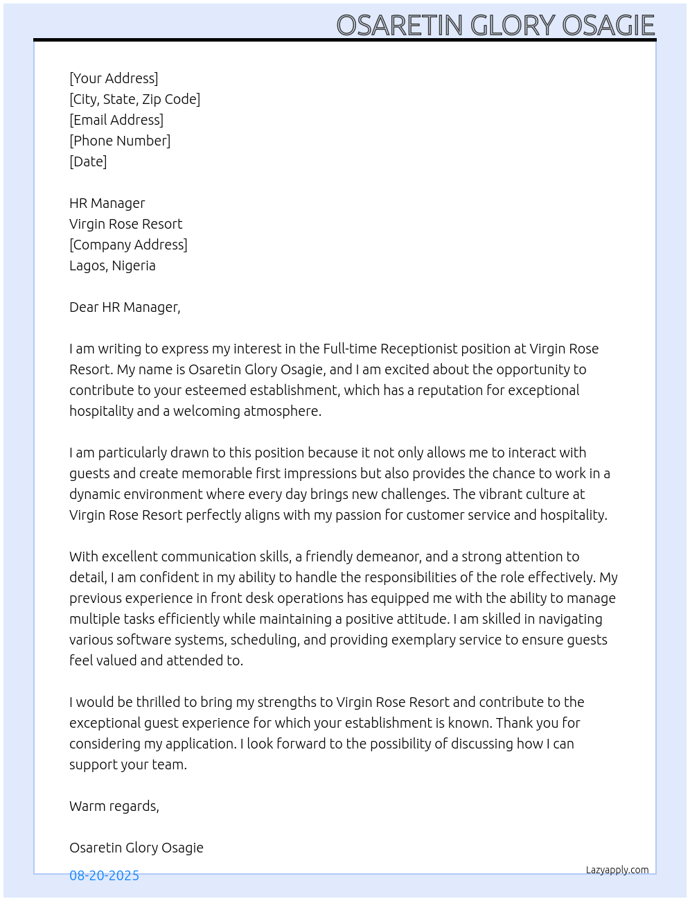 Receptionist At Virgin rose resort Cover Letter