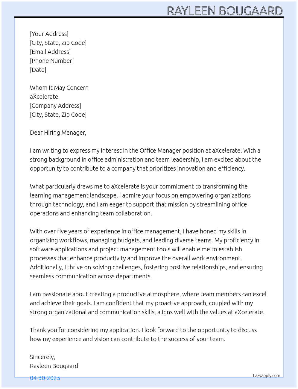 Office Manager At aXcelerate Cover Letter