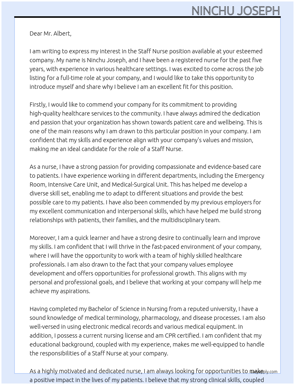Staff Nurse At Staff Nurse Cover Letter