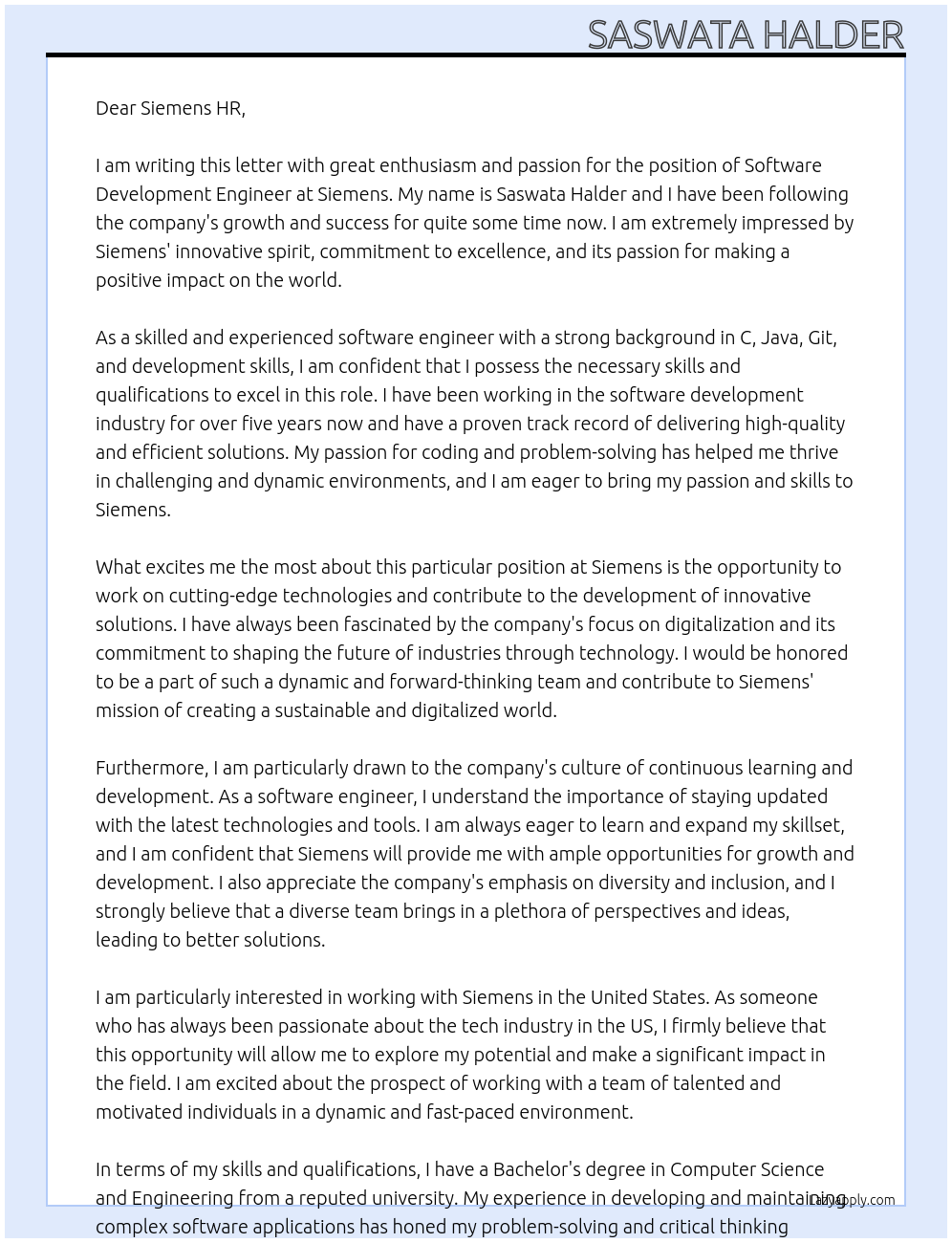 Software Development Engineer At Siemens Cover Letter