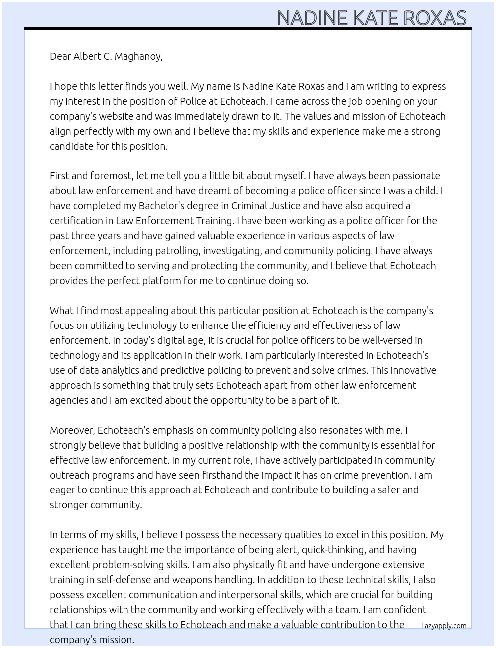 Police At Echoteach Cover Letter