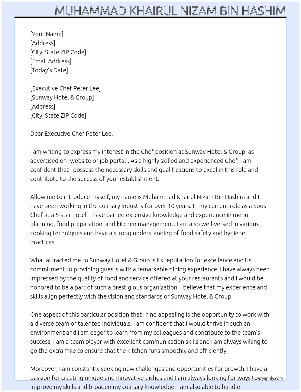 Chef At Sunway Hotel & Group Cover Letter