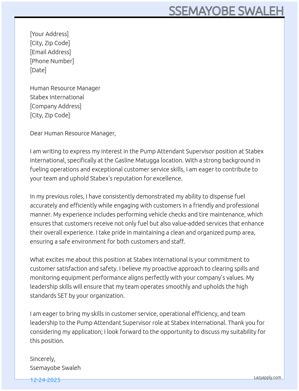 pump attendant At stabex International Cover Letter