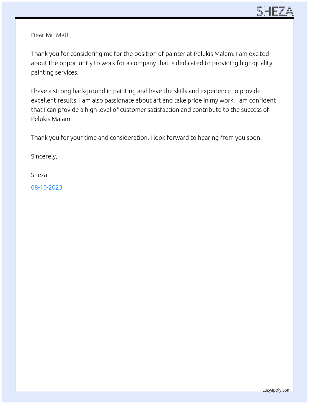 painter At pelukis malam Cover Letter