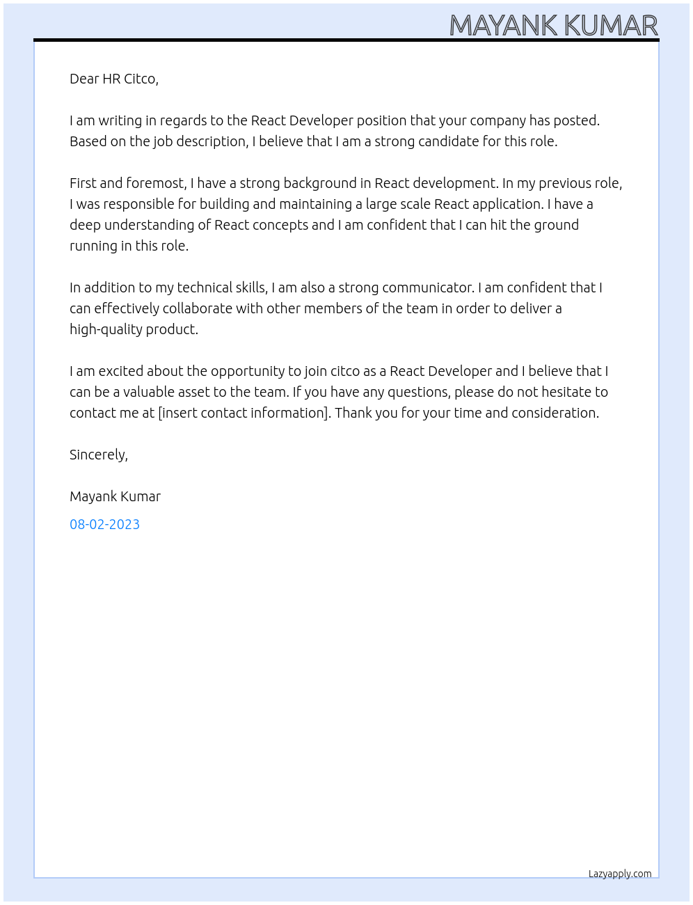 React Developer At citco Cover Letter