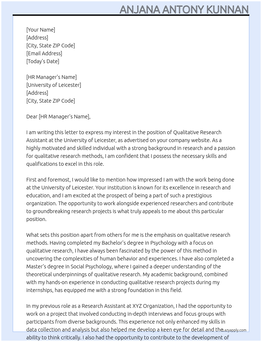 Qualitative Research Assistant At University of Leicester Cover Letter