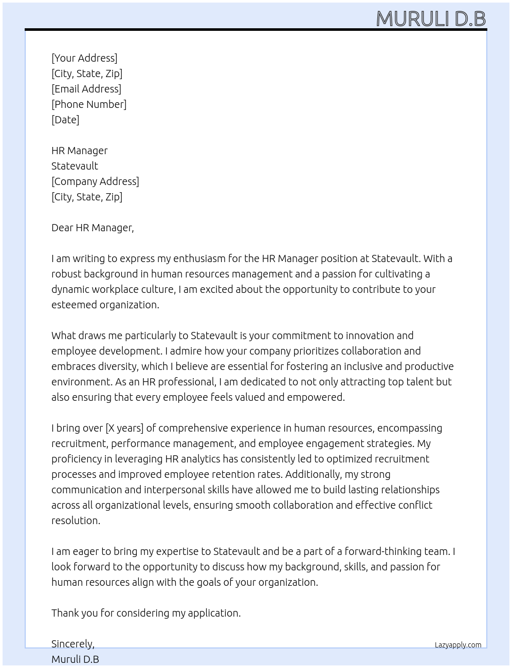 HR manager  At Statevault Cover Letter