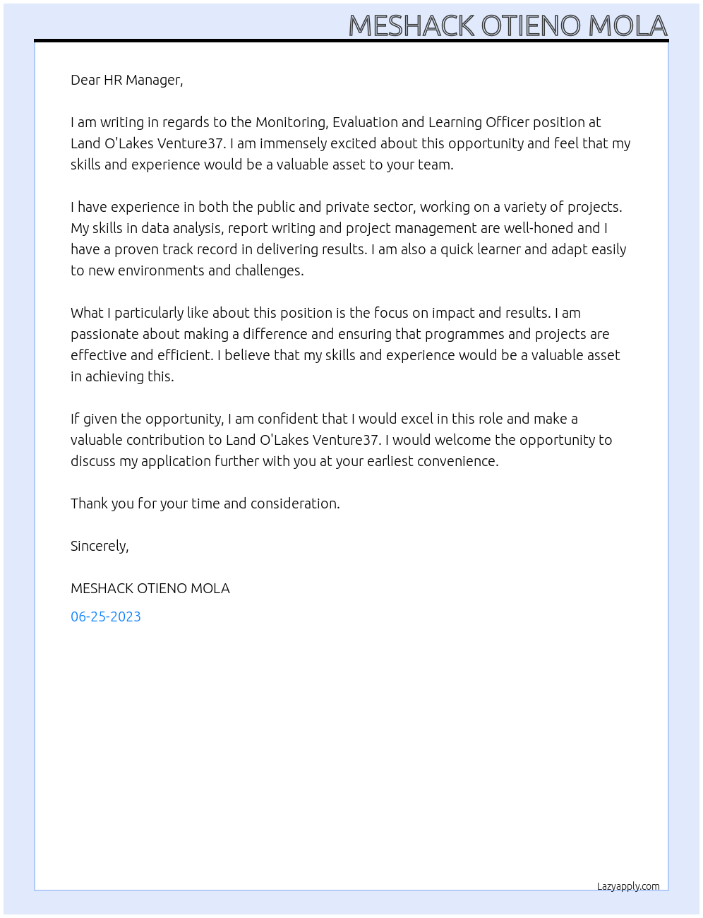 Monitoring, Evaluation and Learning Officer At Land O'Lakes Venture37 Cover Letter