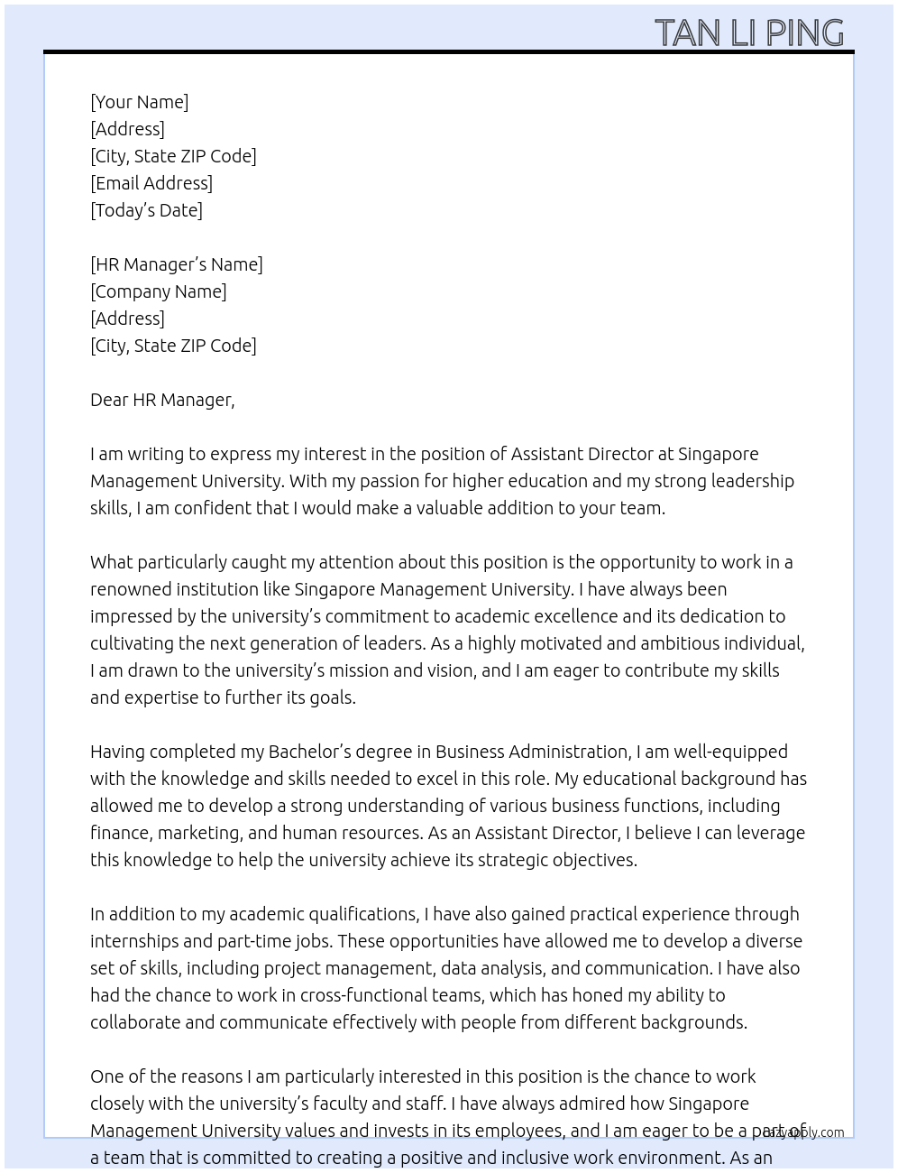 Assistant Director At Singapore Management University Cover Letter