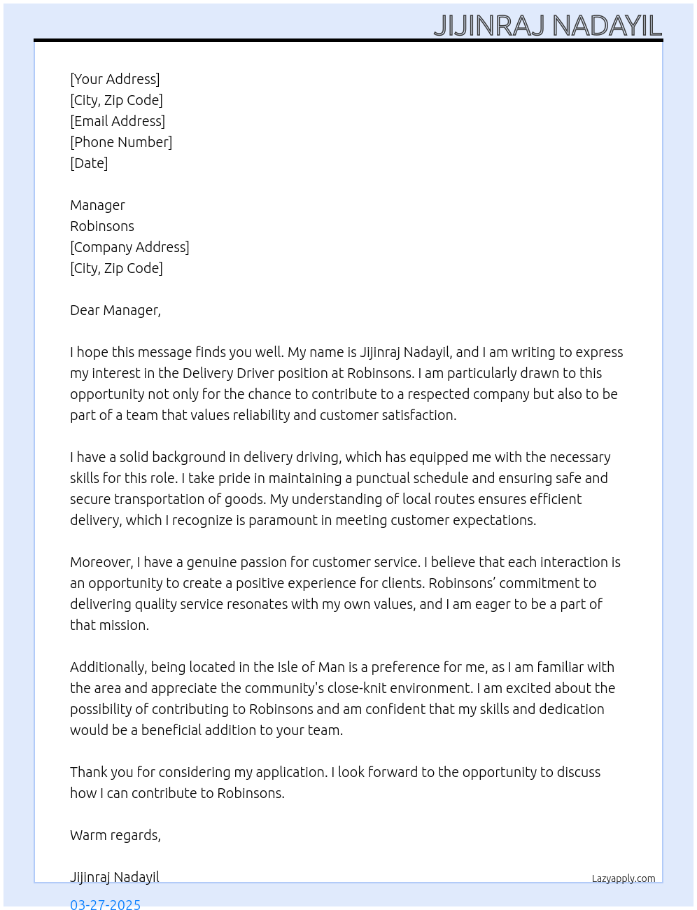 Delivery driver At Robinsons Cover Letter