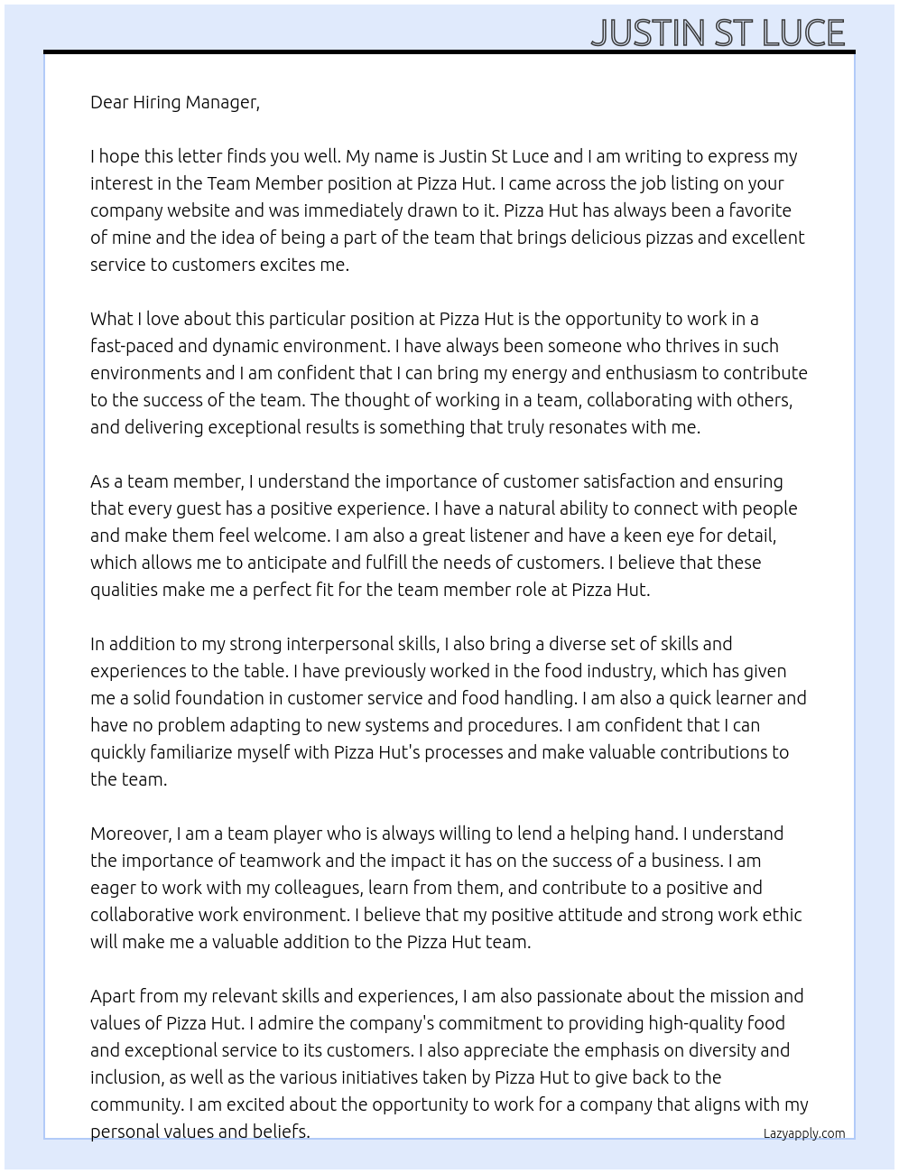 Team member At Pizza Hut Cover Letter