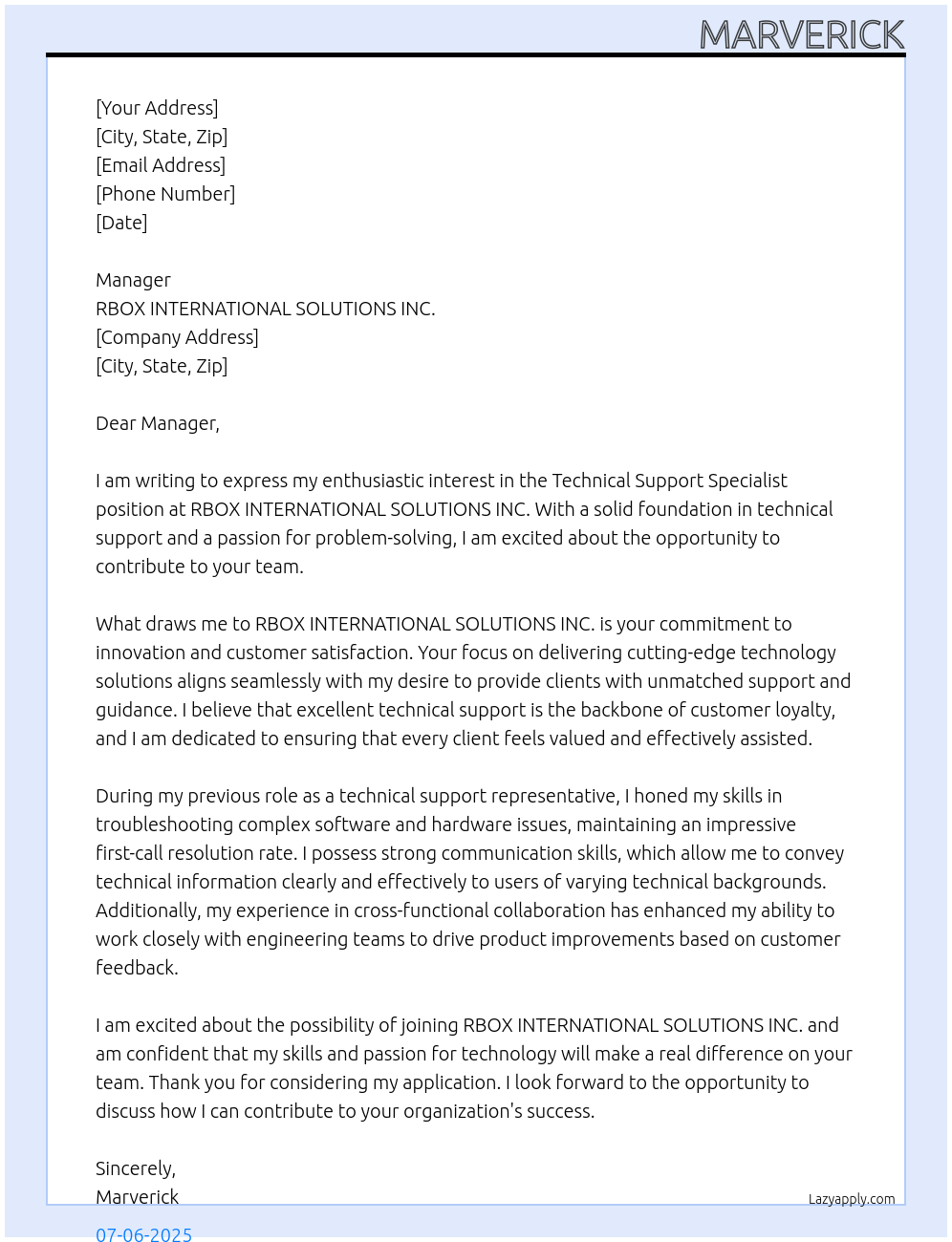 Cover letter for technical support specialist - LazyApply