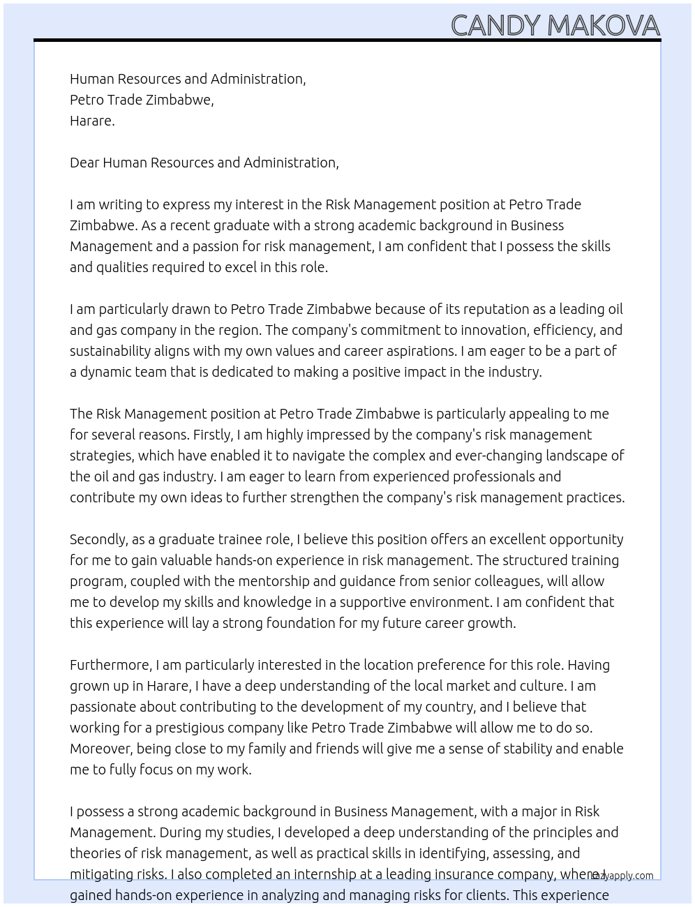Cover letter for risk management - LazyApply