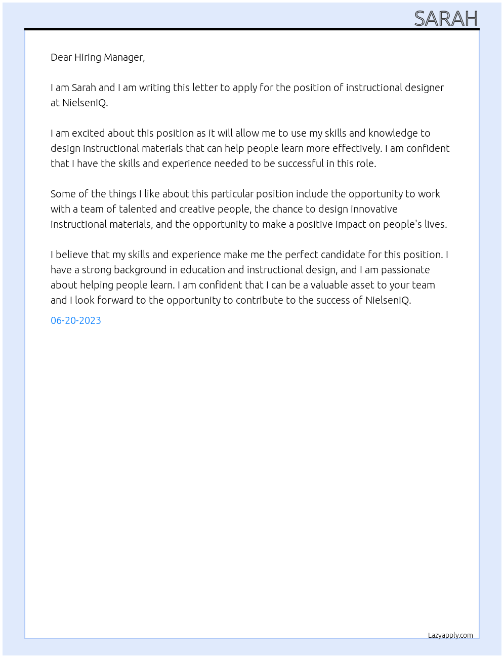 instructional designer At NielsenIQ Cover Letter