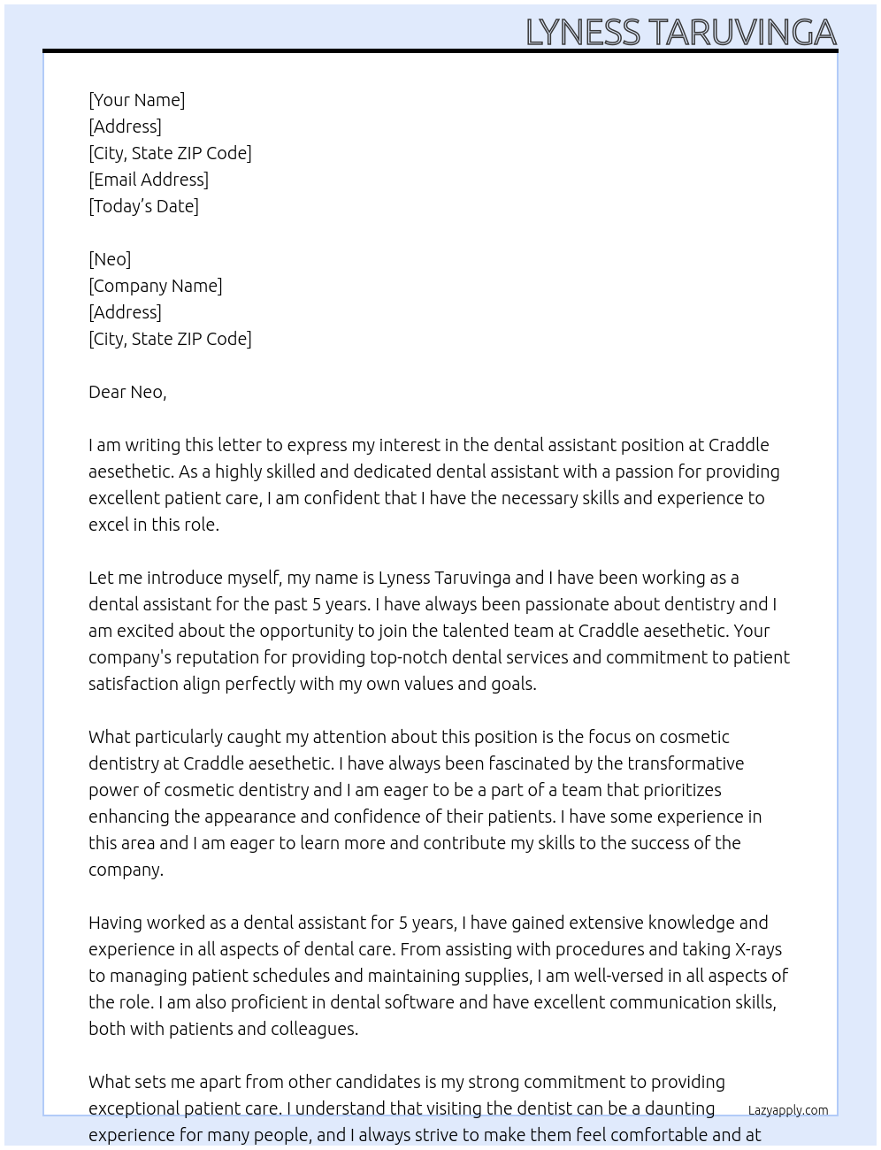 dental assistant At Craddle aesethetic Cover Letter