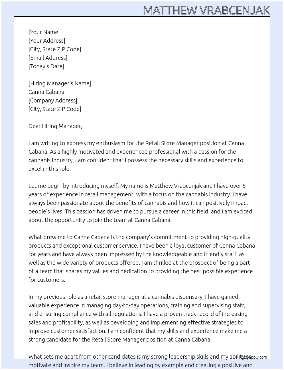 Retail Store Manager At Canna Cabana Cover Letter