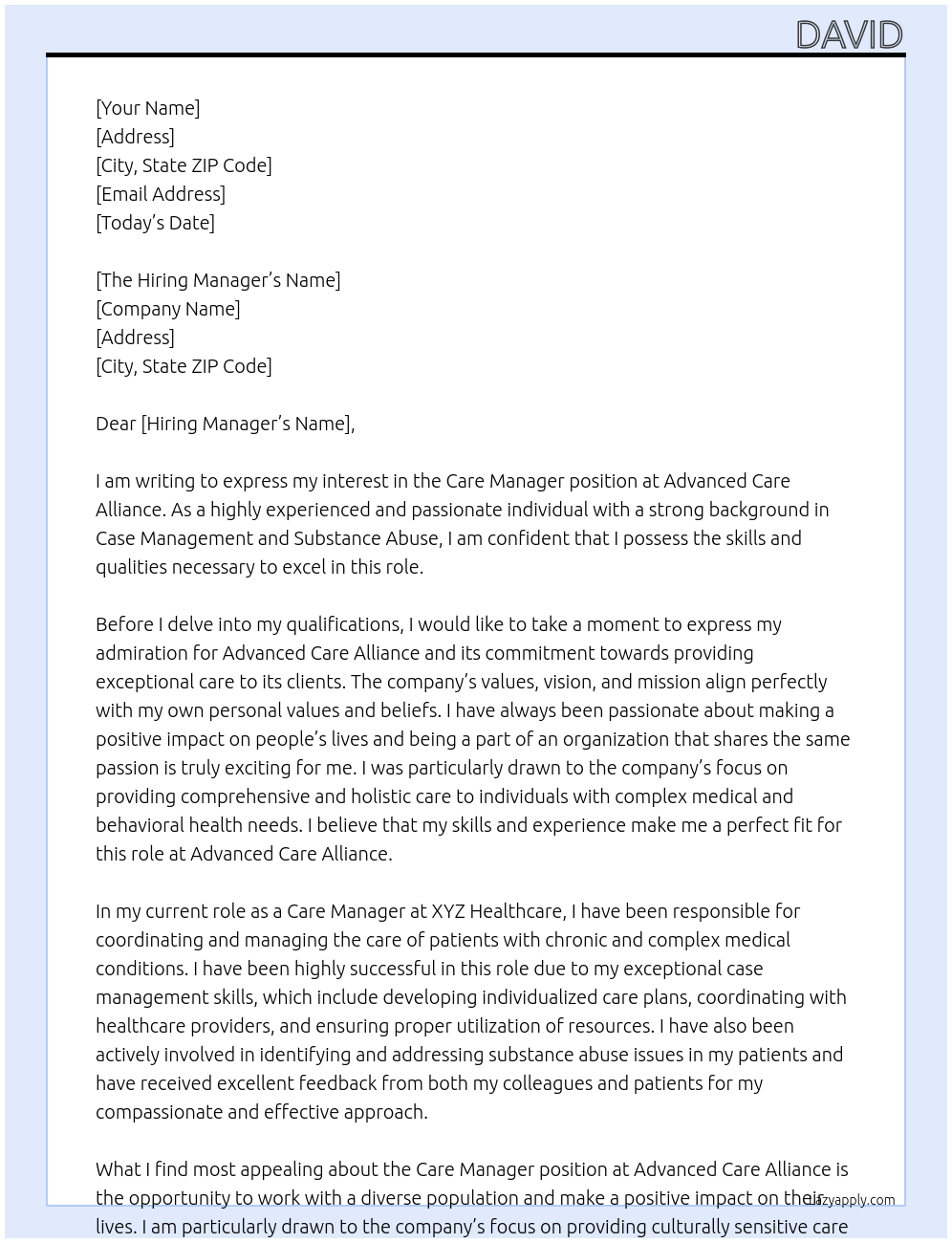 Care Manager At Advanced Care Alliance  Cover Letter