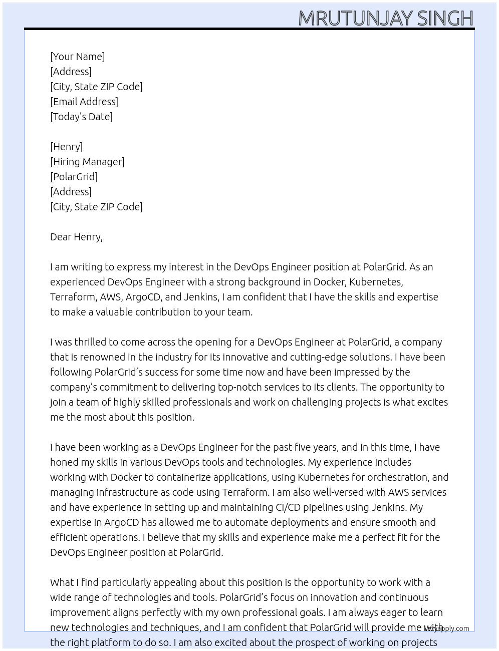 Devops Engineer At PolarGrid Cover Letter