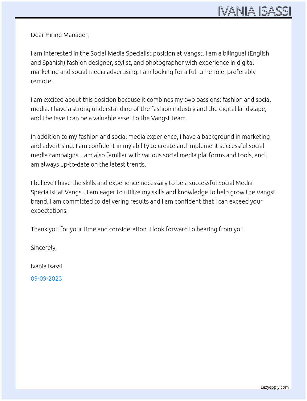 Social Media Specialist At Vangst Cover Letter