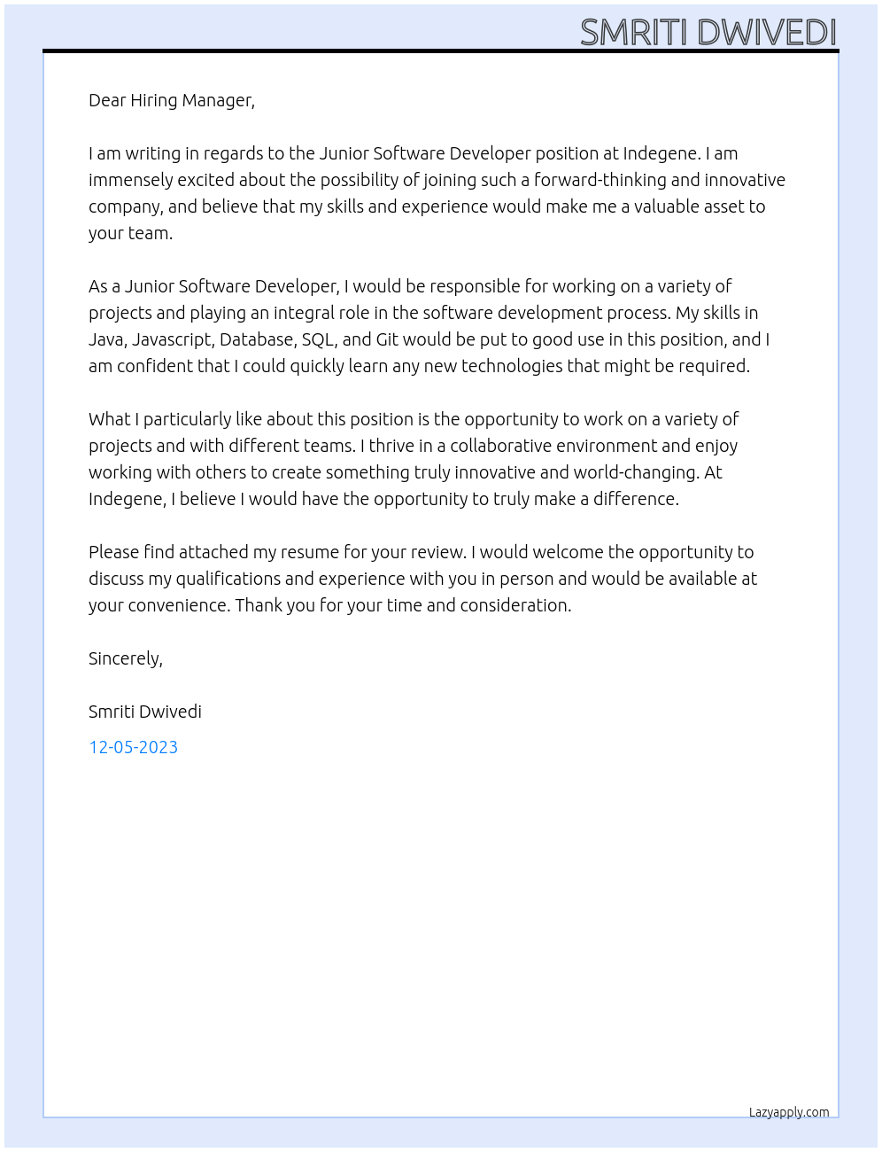 Junior Software Developer At Indegene Cover Letter