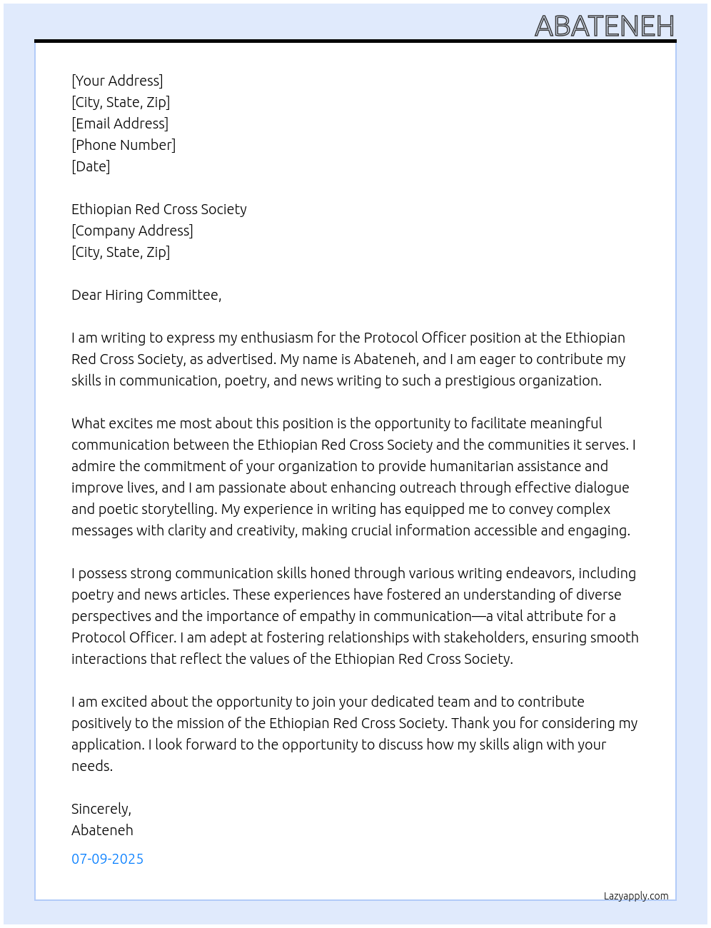 protocol officer At ethiopian red cross socity Cover Letter