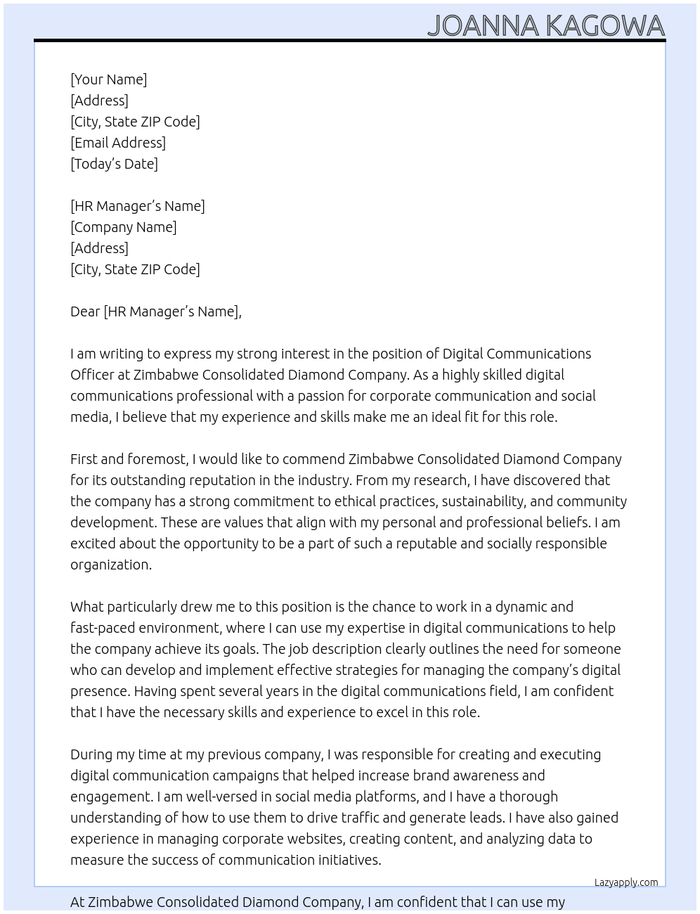 digital communications officer At zimbabwe consolidated diamond company Cover Letter