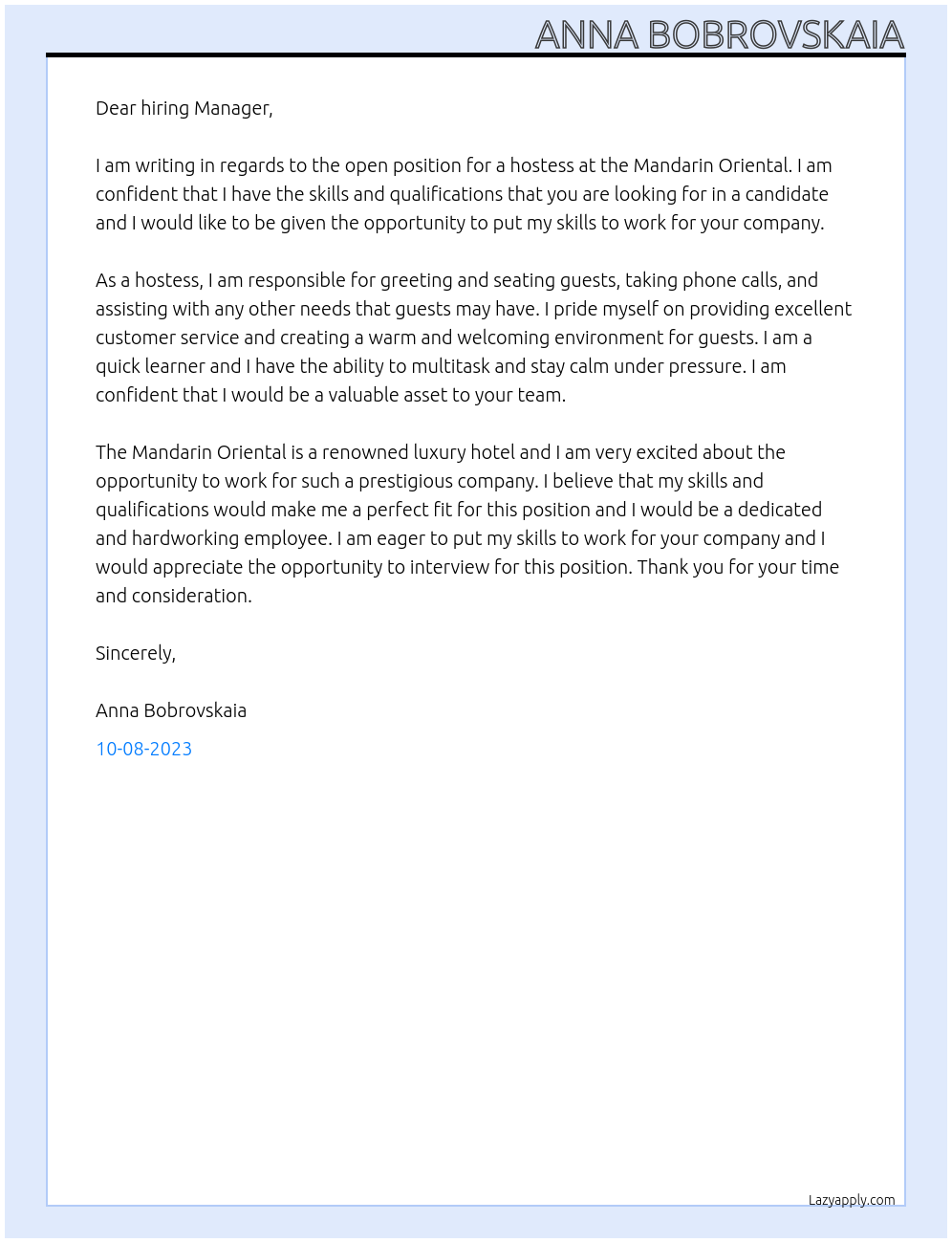 hostess At Mandarin oriental Cover Letter