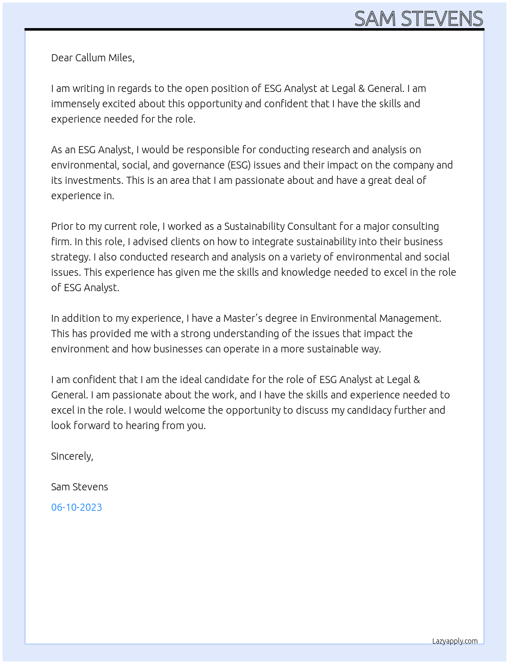 ESG Analyst At Legal & General Cover Letter