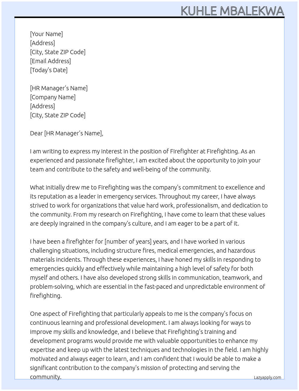 Firefighter At Firefighting Cover Letter