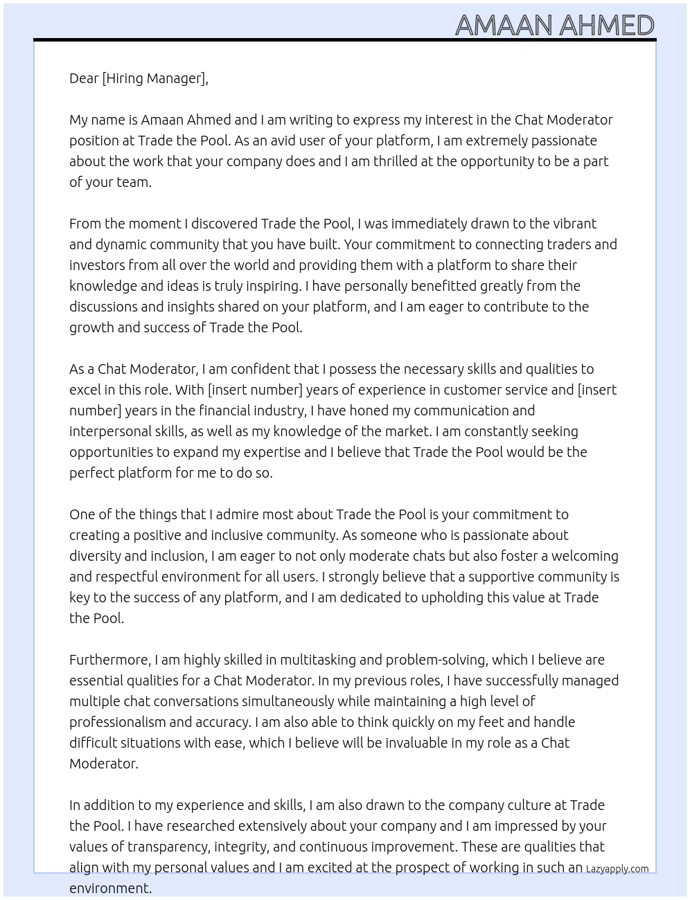 Chat Moderator At Trade the pool Cover Letter