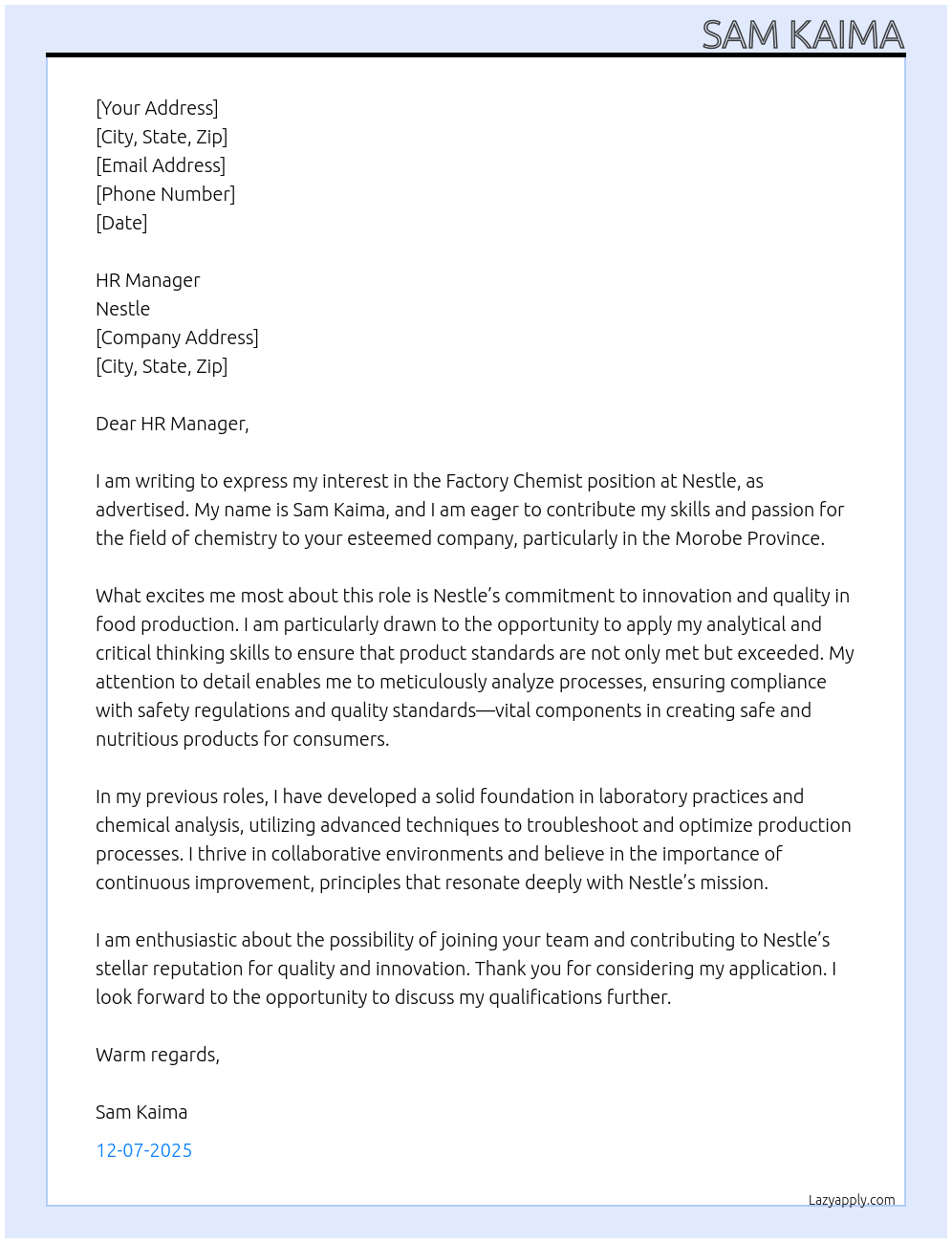 Factory Chemist At Nestle Cover Letter