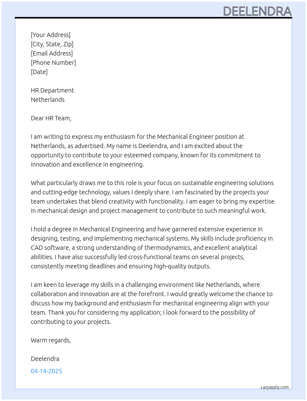 mechanical engineer At netherlands Cover Letter