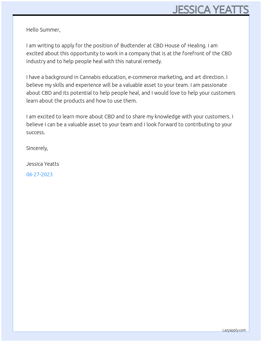 Budtender At CBD house of healing Cover Letter