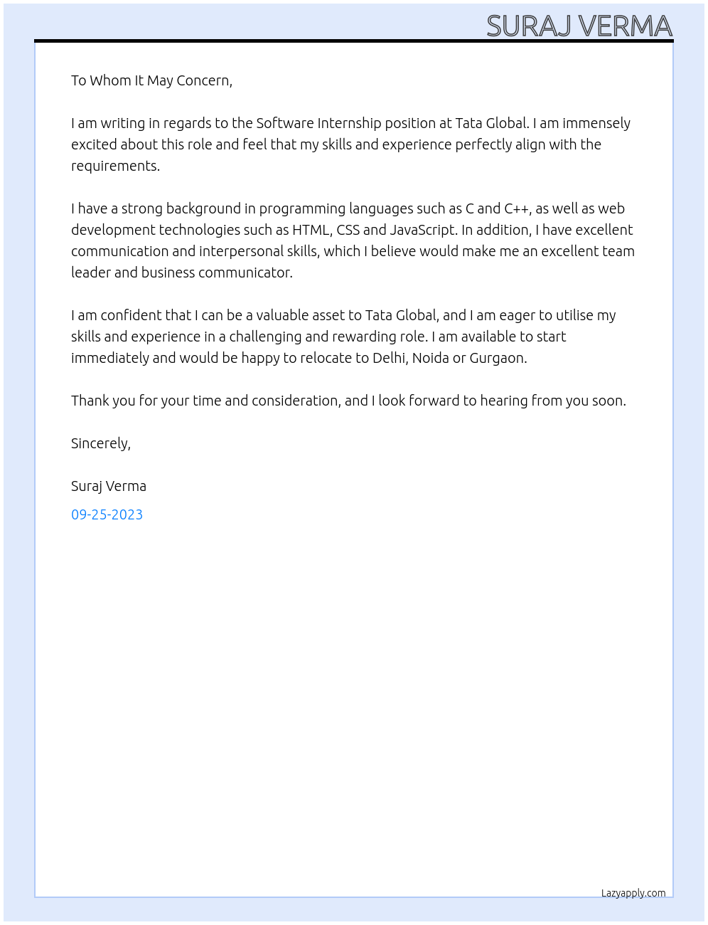 Software Internship At Tata Global Cover Letter