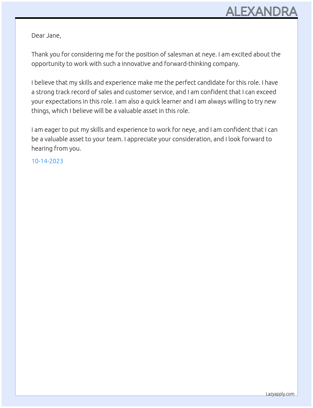 salesman At neye Cover Letter