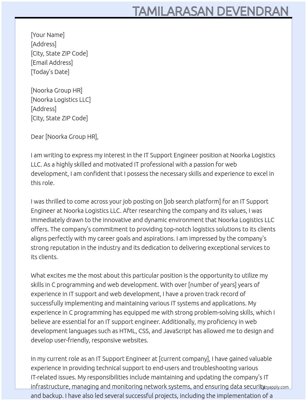 IT support engineer At Noorka Logistics LLC Cover Letter