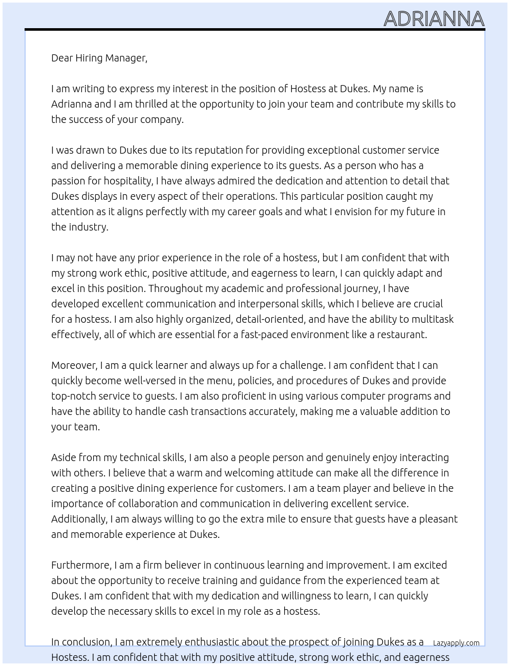 Hostess At Dukes Cover Letter