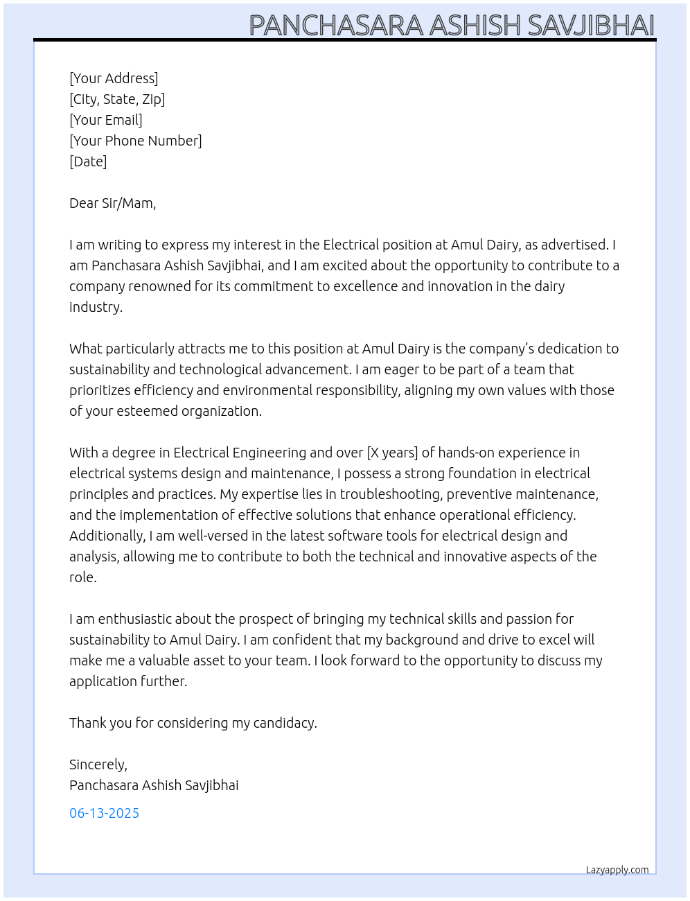 Electrical At Amul Dairy Cover Letter