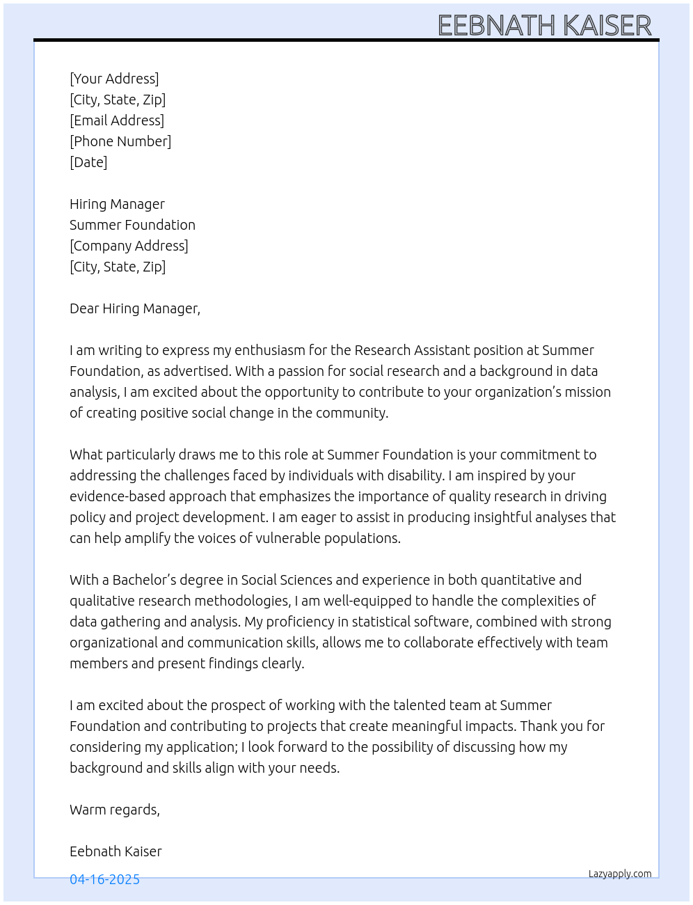 Research Assistant At summer foundation Cover Letter