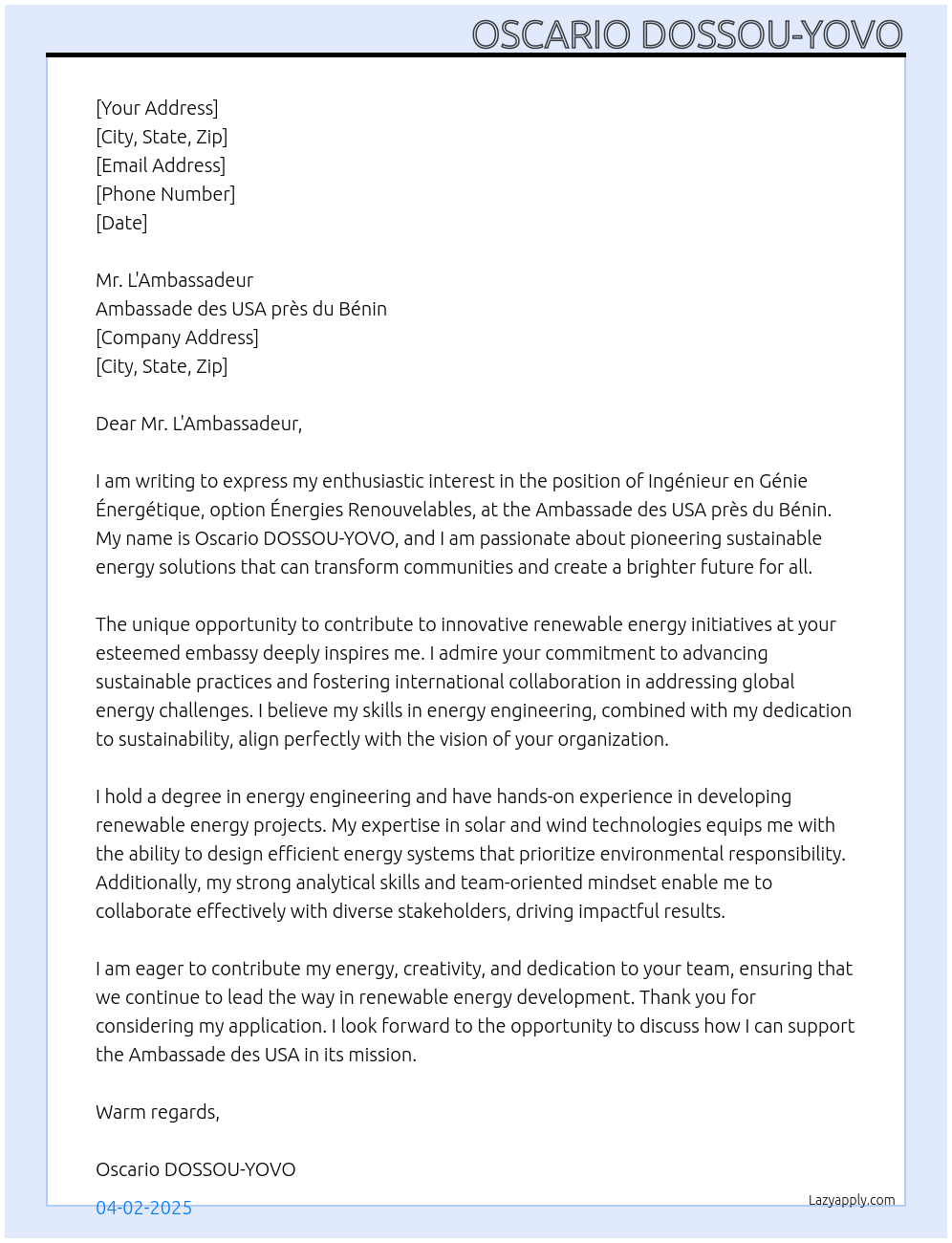 ingénieur en génie énergétique option énergies renouvelables   At ambassade des usa près du Benin Cover Letter