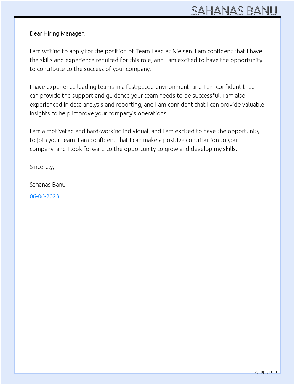 Team Lead At Nielsen Cover Letter