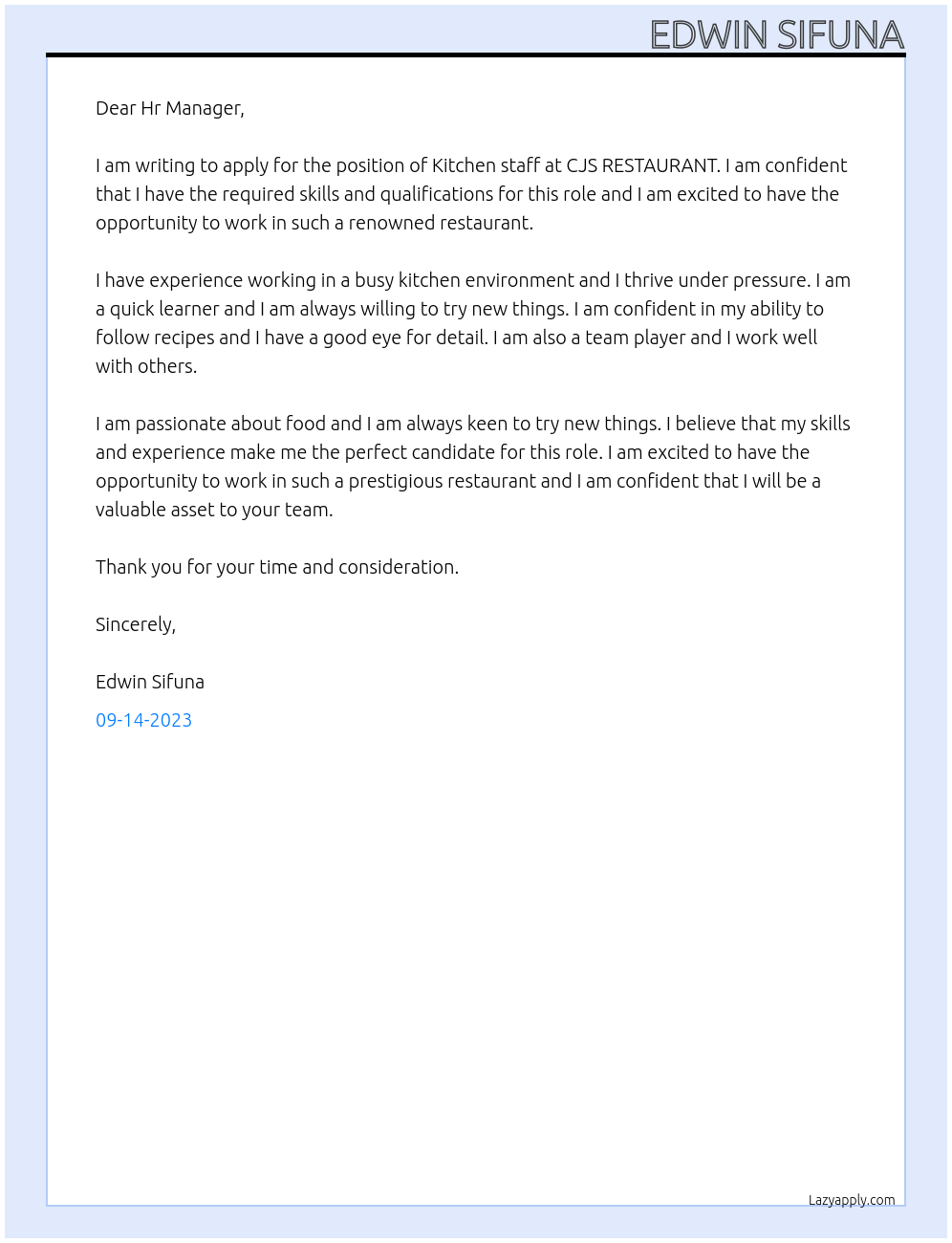 Kitchen staff At CJS RESTAURANT Cover Letter