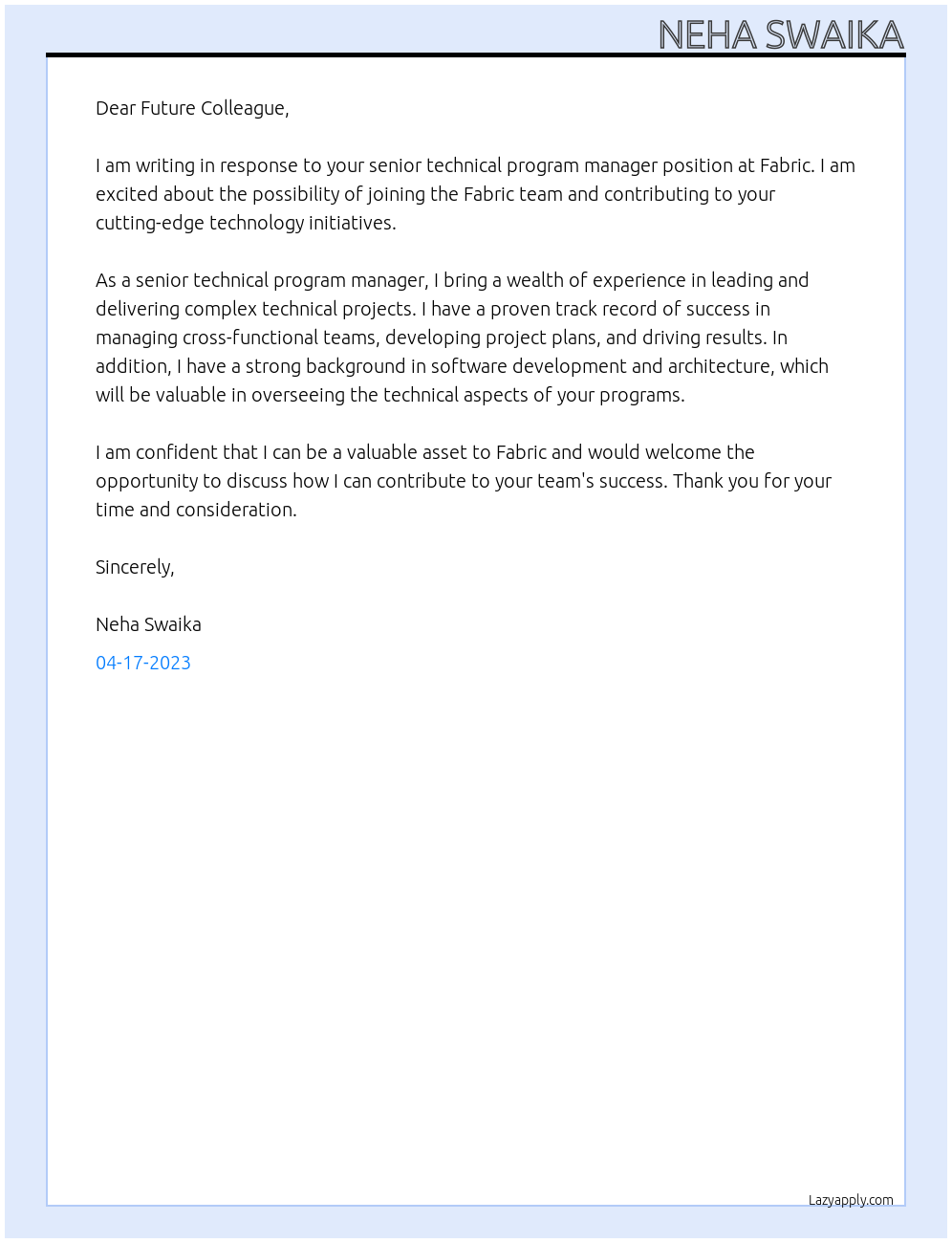 Senior Technical Program Manager At fabric Cover Letter