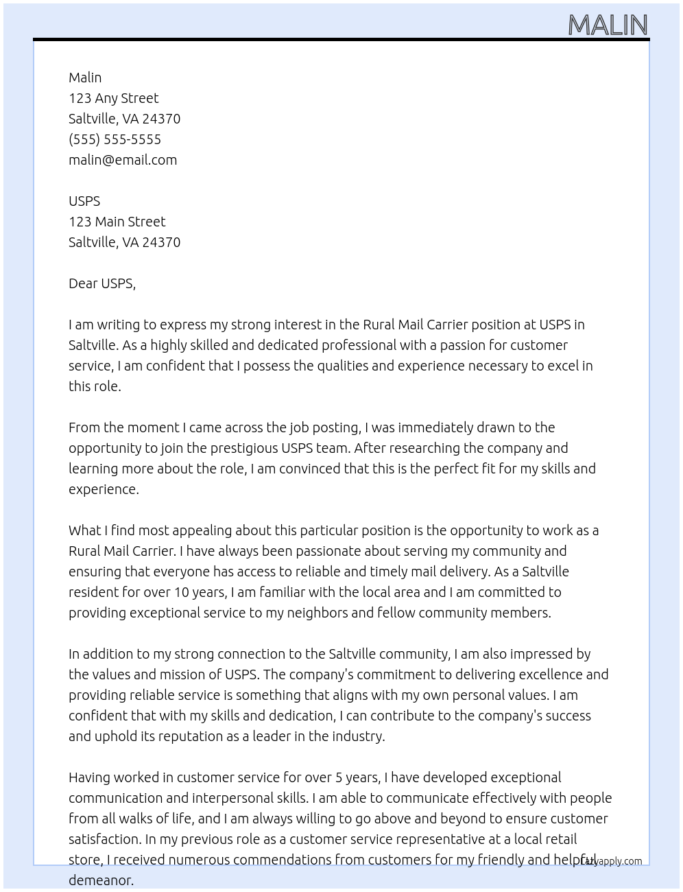 Rural mail carrier At USPS Cover Letter