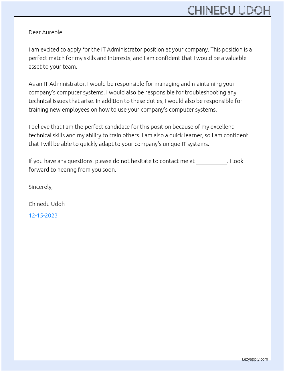 IT Administrator At Aureole Cover Letter