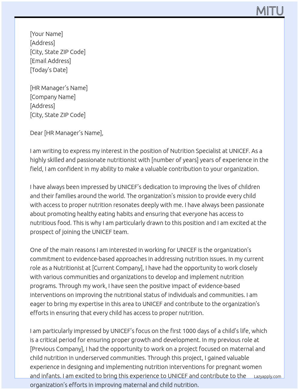 nutrition specialist At unicef Cover Letter